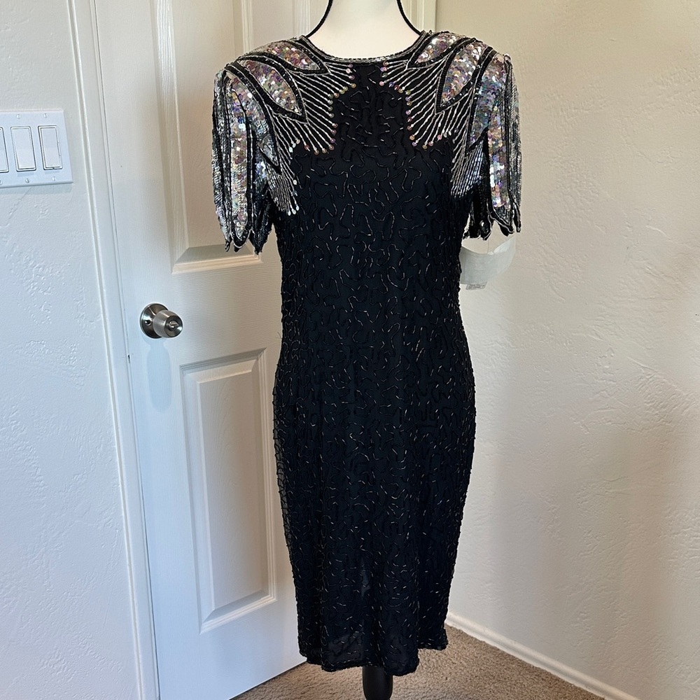 Sequin Stenay Black Midi Dress with Silver Accents